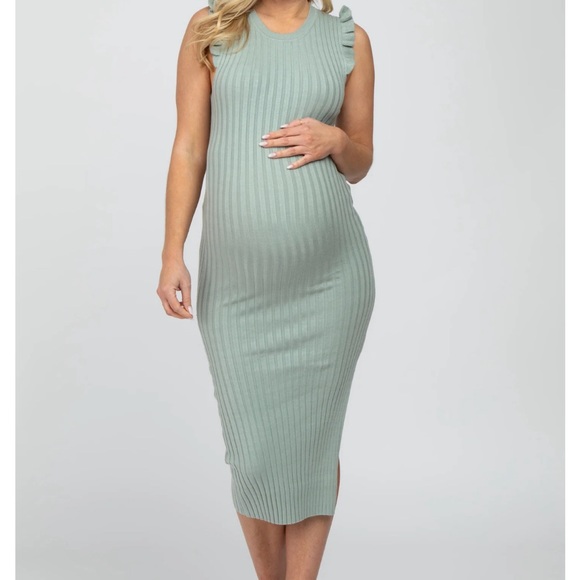 Pinkblush | Dresses | Mint Green Ribbed Flutter Accent Maternity Midi ...